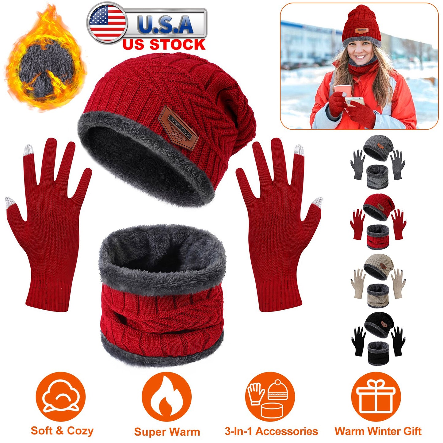Winter Knitted Hat Scarf Gloves 3Pcs Winter Warm Beanie and Touch Screen Gloves Scarf Set Knit Beanie Skull Cap Neck Warmer Mittens for Men Women