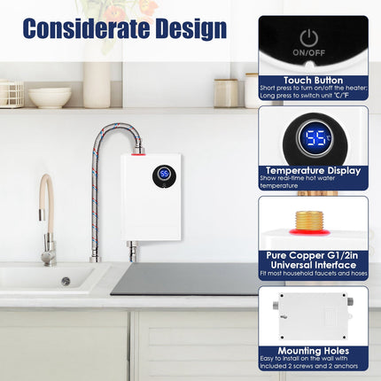 3000W Tankless Water Heater with Digital Display for Kitchen & Bathroom