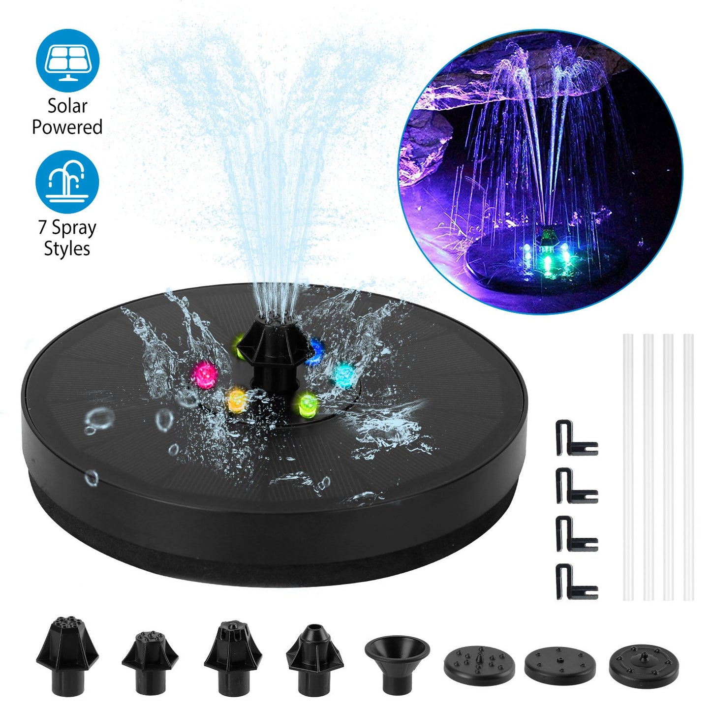 Solar Powered Fountain Pump Floating Bird Bath Pond Pump w/ LED Lights 7 Nozzles For Aquarium Garden Backyard Pond Pool Outdoor