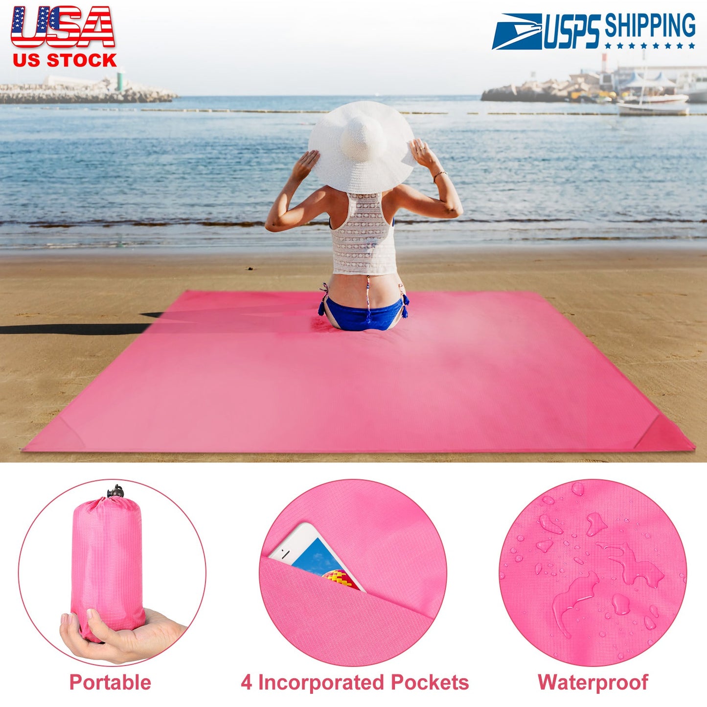 Portable Beach Blanket 4.6Õ x 6.6Õ Waterproof Foldable Camping Rug Pocket Sandproof Picnic Mat for Camping Picnic Hiking Grass Travel