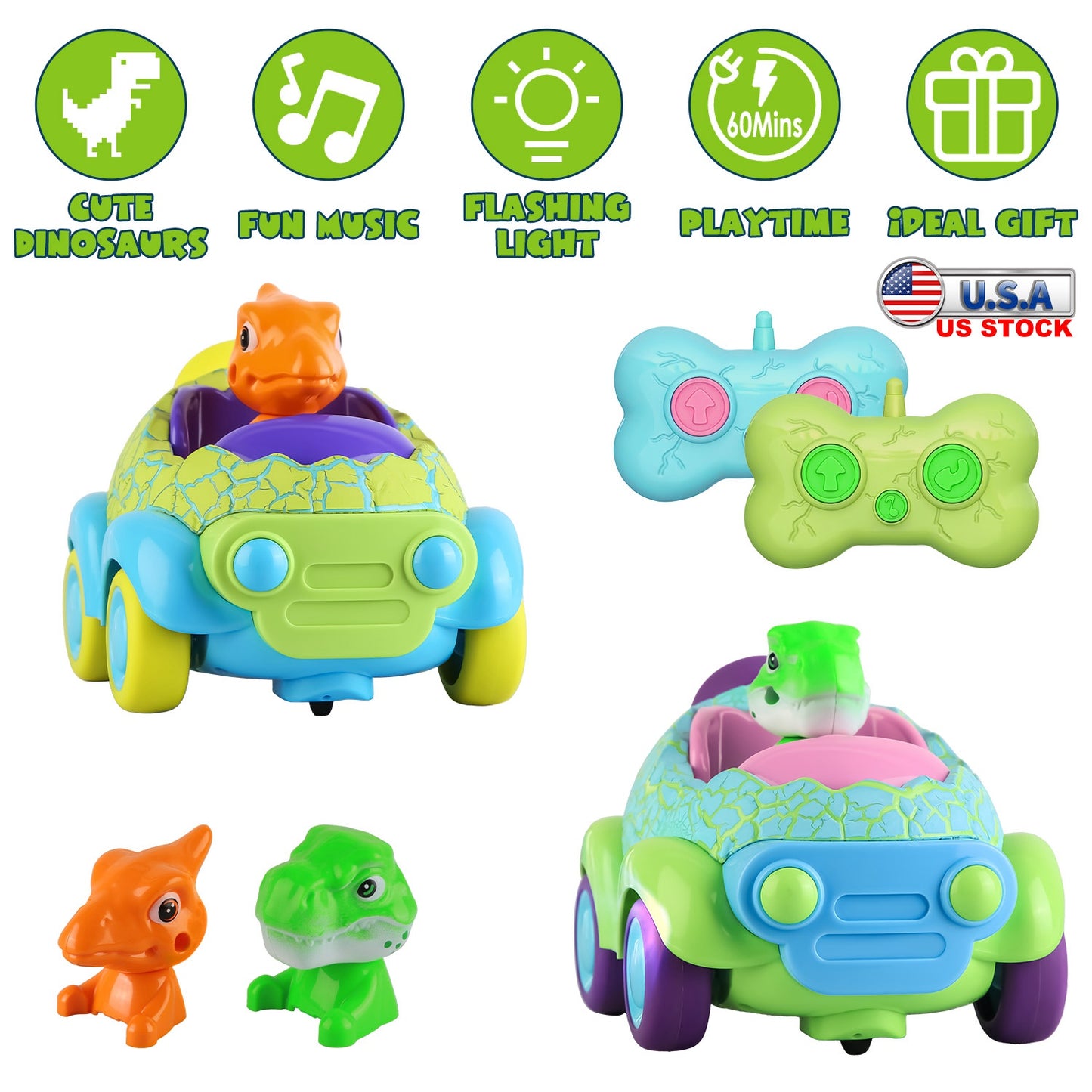 2Pack Dinosaur Remote Control Cars for Toddlers Rechargeable RC Cars with Light Music Birthday Gift For Boys Girls Aged 3 4 5 6 Years Old