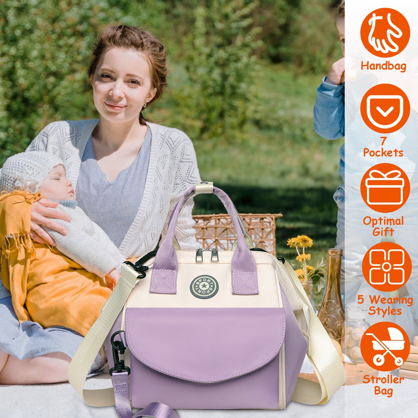 Baby Nappy Diaper Bag with 6 Pockets Burp Cloth Adjustable Shoulder Strap Detachable Small Bag Multifunctional Diaper Changing Bag with 2 Insulated Po