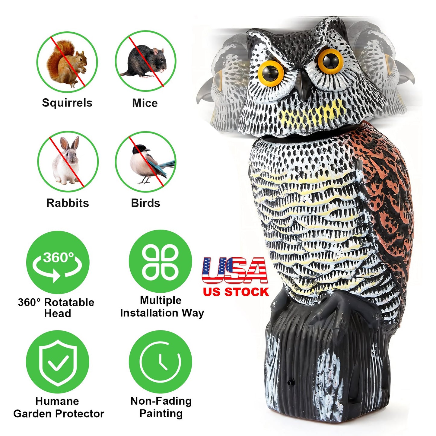 Lifelike Owl Decoy with 360 Degree Rotatable Head Scare Bird Squirrel Away Pest Repellent Bird Deterrent Outdoor Garden Yard Protector