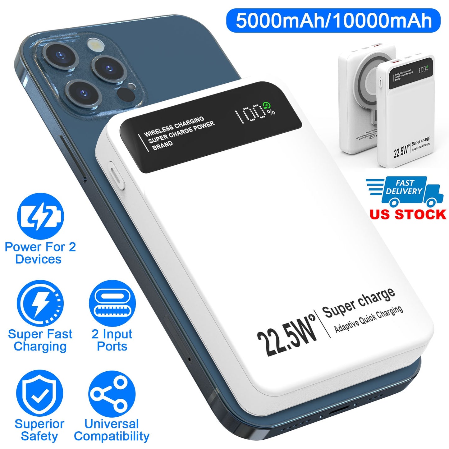 5000mAh Magsafe 3 In 1 Portable Charger PD22.5W Magnetic Fast Charger Fast Charging Power Bank Fit For IOS Phone 15/14 Samsung Galaxy S24 And More
