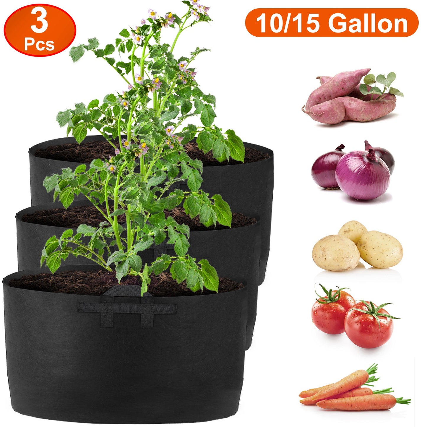 3 Pack Plant Grow Bags Potato Vegetable Planter Bags Breathable Planting Fabric Pots 10Gallons