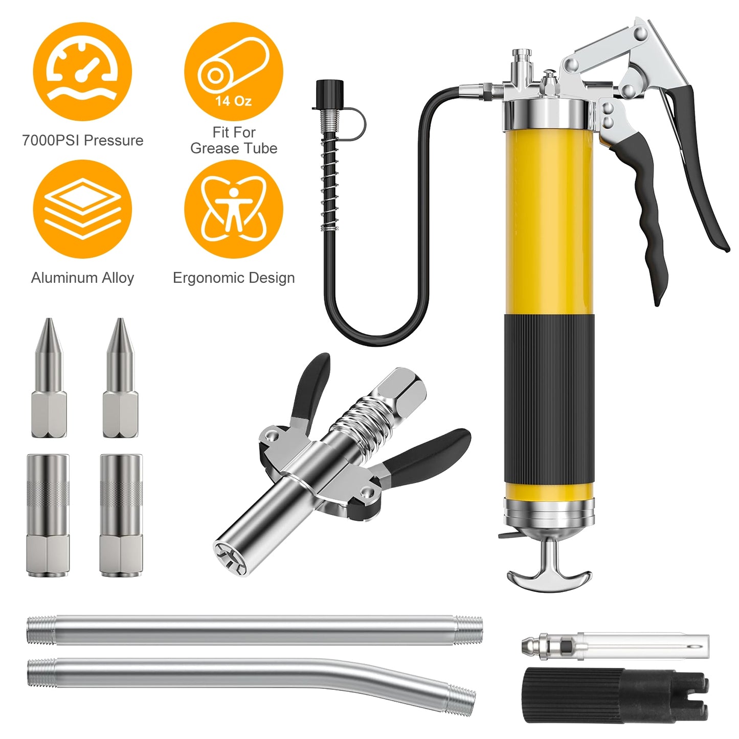 Grease Gun Kit Fit for 14 Oz Grease Tube 7000 PSI High Pressure Pistol Grip Grease Gun with Lock Coupler 11.8Ó Spring Flex Hose Jaw Couplers Sharp Noz