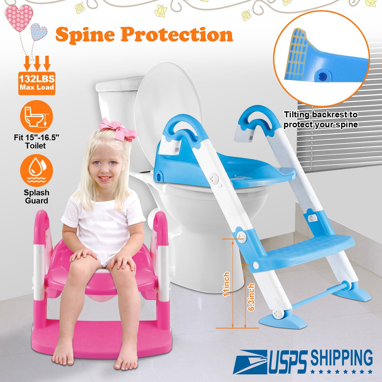 Kids Toilet Seat Toddler Potty Training Chair w/ Steps Stool Baby Toilet Ladder Anti-slip Safety