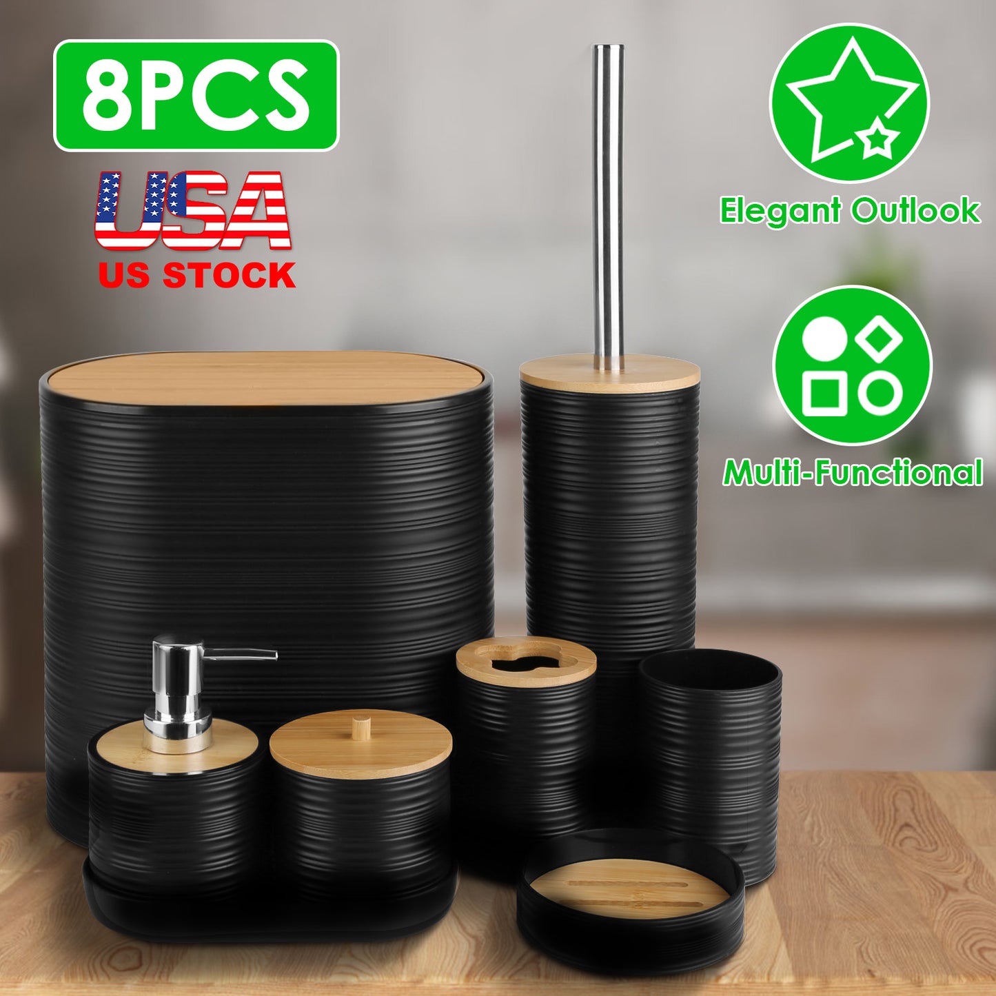 8Pcs Bathroom Accessories Set Bathroom Holder Set with Soap Dispenser Toothbrush Holder Cup Soap Dish Toilet Cleaning Brush Trash Can Qtip Holder Vani