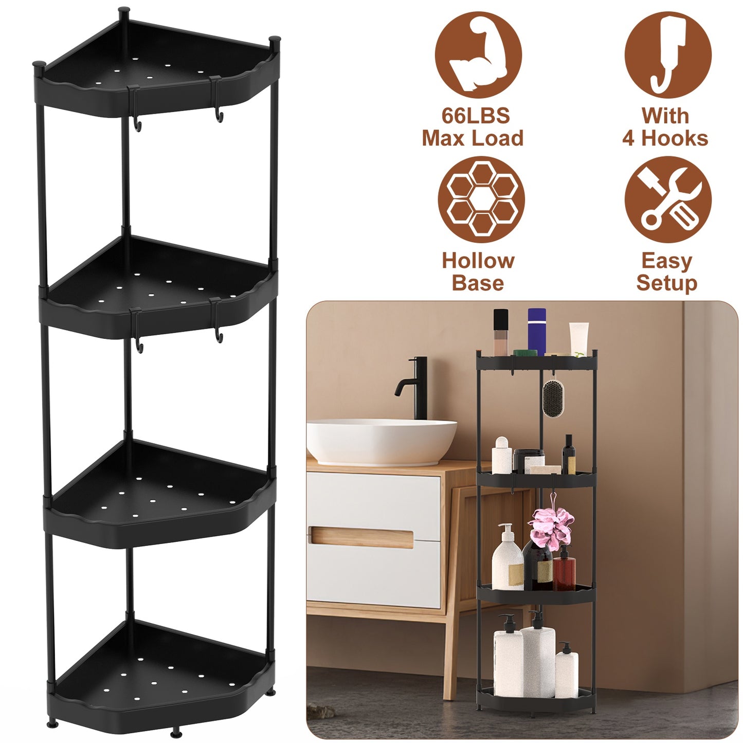 4 Tier Corner Shower Caddy Floor Standing Corner Shelf Carbon Steel Bathroom Storage Rack Organizer Stand with 4 Hooks for Bathroom Bathtub