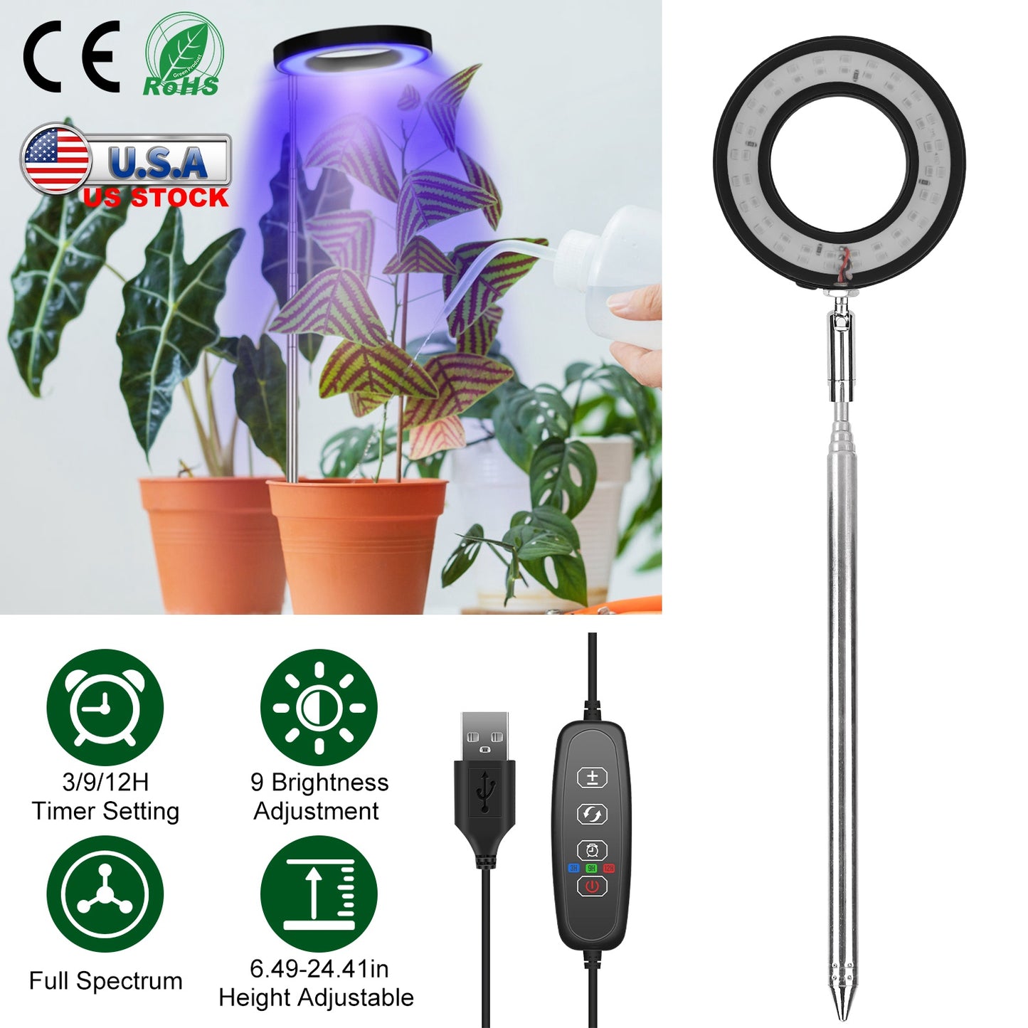 Plant Grow Light LED Full Spectrum Circle Growing Lamp with 3/9/12Hours Auto Timer Setting 9 Dimmable Brightness Height Adjustable for Indoor Plants