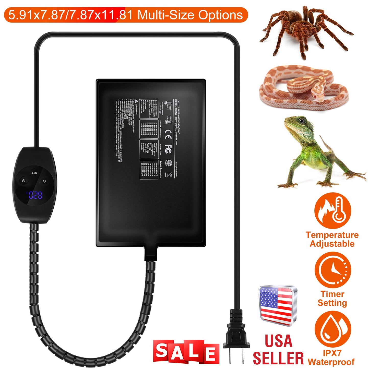 Electric Reptile Heating Pad With 32-122¡F Temperature Adjustment IPX7 Waterproof Timer Setting Under Tank Heating Mat for Lizards Turtles Snake Spide