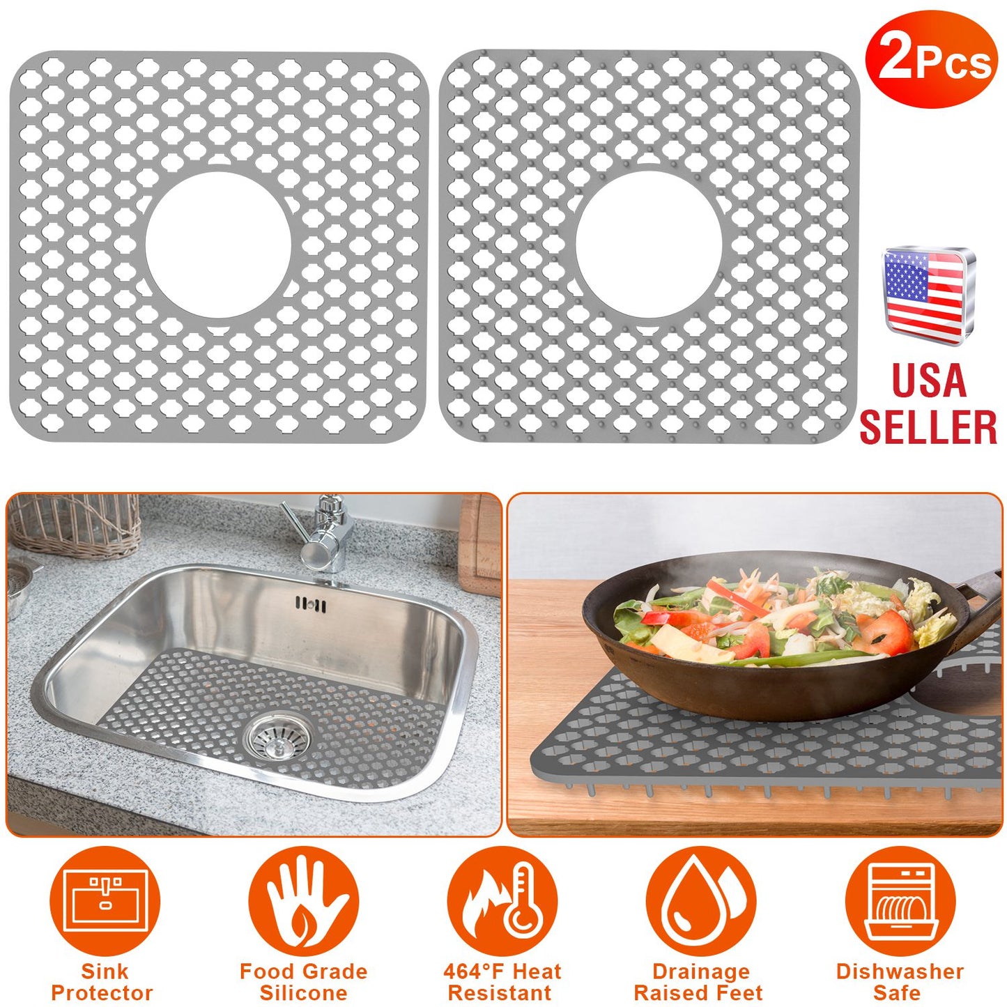 2Pcs Silicone Grid Sink Mat with Central Drain Hole 11.61x13.58Inch Non-Slip Kitchen Stainless Steel Sink Protector Dishwasher Safe