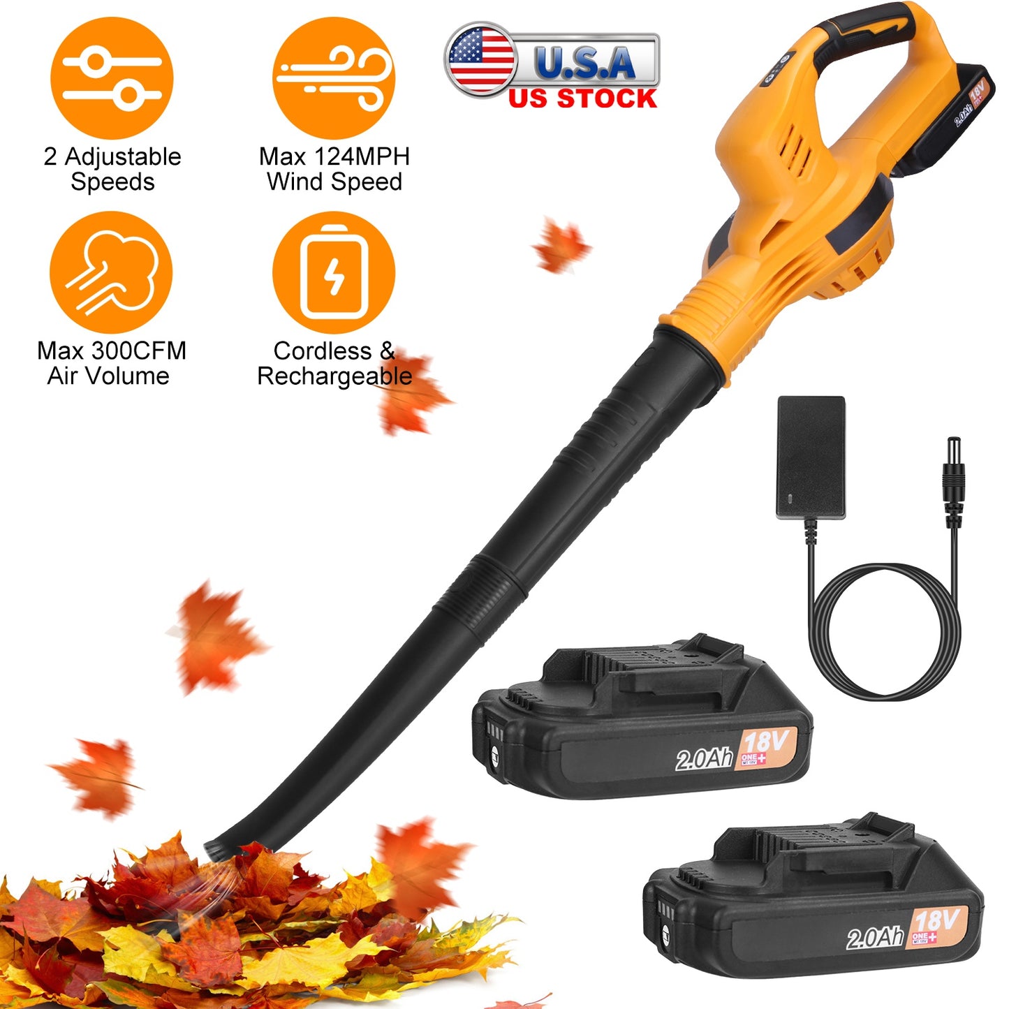 Cordless Leaf Blower Handheld Electric Battery Powered Air BlowerÊMax 124MPH 300CFM with 2 Adjustable Speeds 2Pcs 18V 2000mA Battery and Charger for Y