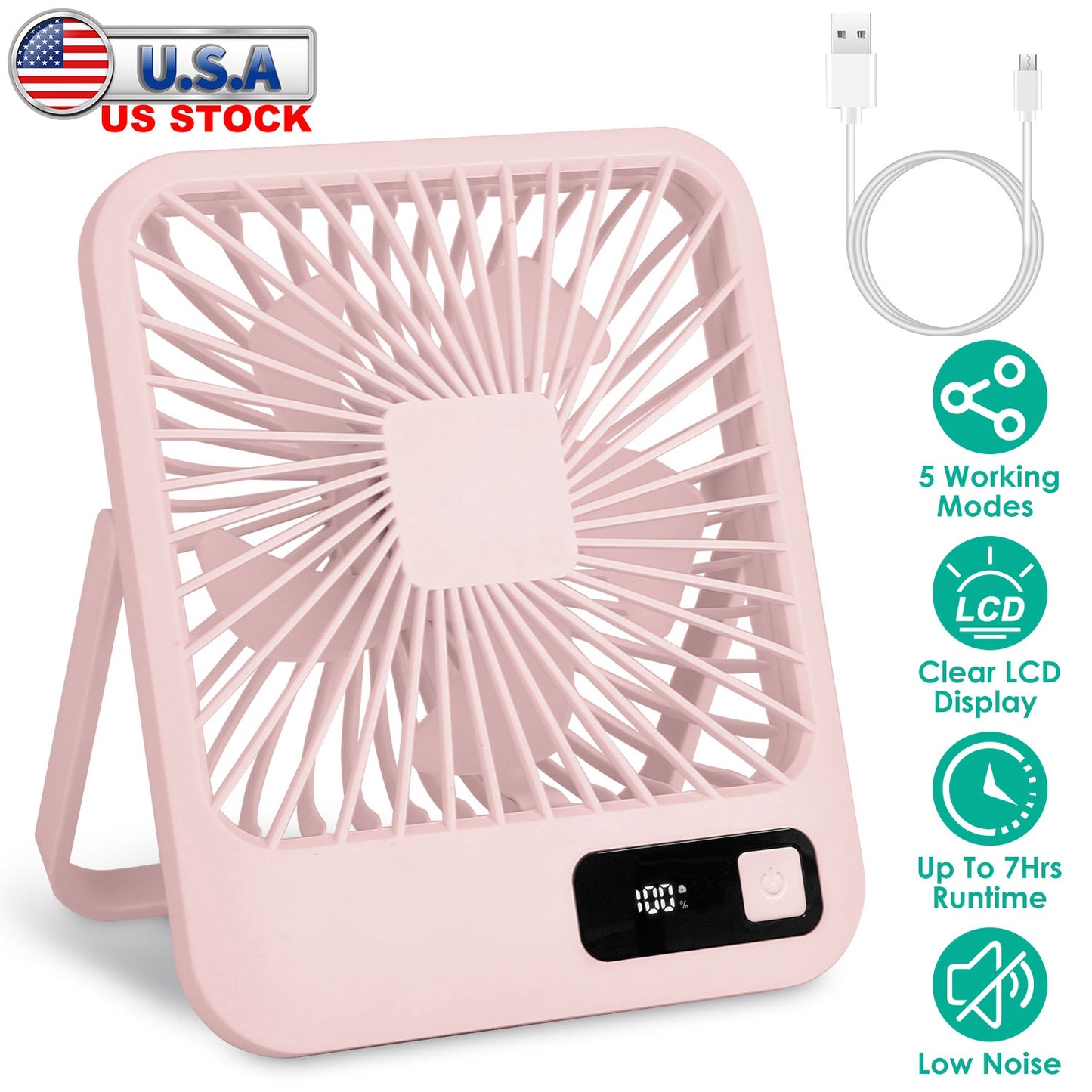 Mini Desktop Cooling Fan Rechargeable Battery Powered Personal Fan Speed Adjustment Strong Airflow Quiet Travel Fan with LCD Display for Home Office T