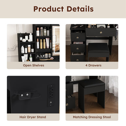 Vanity Desk Set with Lighted Mirror, 4 Drawers & Stool