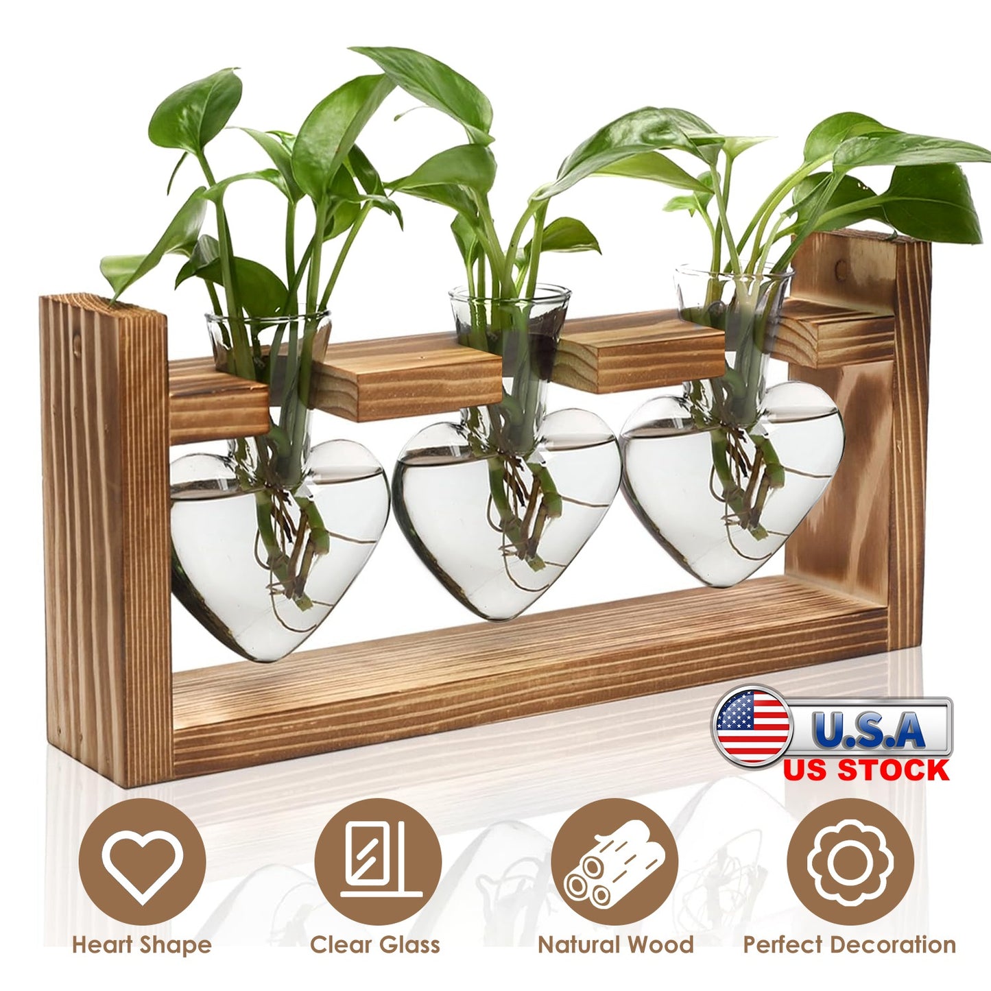 Plant Terrarium Propagation Station with 3 Heart Shaped Vases Wooden Stand Desktop Air Planter Bulb Glass Vase for Hydroponics Home Office Decor Gift