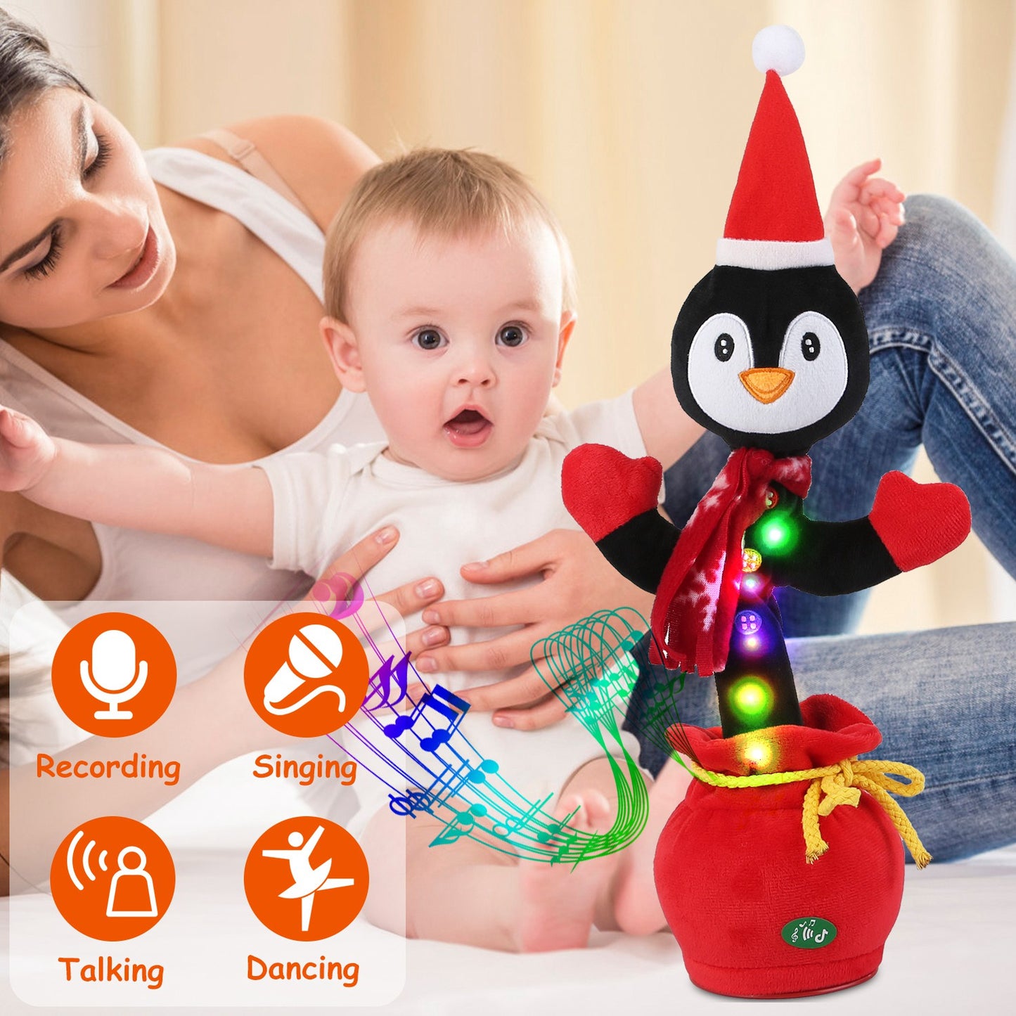 Kid Electric Dance Toy Christmas Elk Snowman Senior Penguin Plush Toy Interactive Sing Song Whirling Mimicking Recording Light up Toy