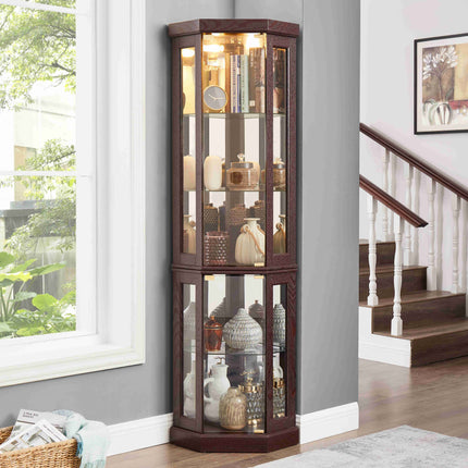 5-Tier Lighted Corner Curio Cabinet with Adjustable Glass Shelves
