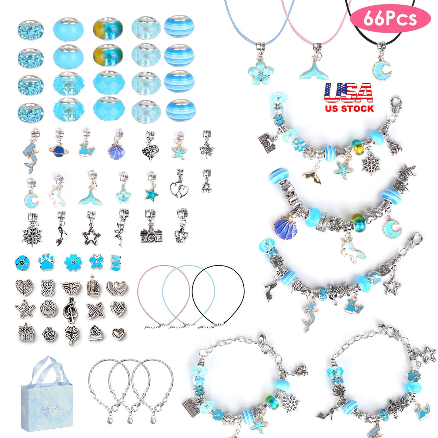 66Pcs Charm Bracelet Making Kit Kids\' Jewelry Necklace Making Kits Colorful DIY Charm Beads Pendant SetÊJewelry Decor Supplies with Gift Box for 5-12