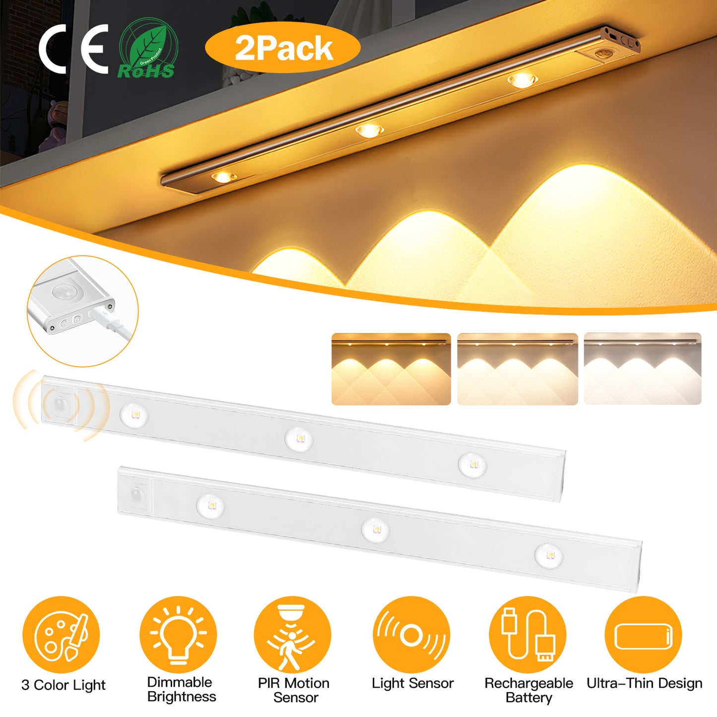 2Pack Rechargeable Cabinet Light Motion Sensor Light Cordless LED Closet Lamp 3 Colors Dimmable Light for Kitchen Cabinet