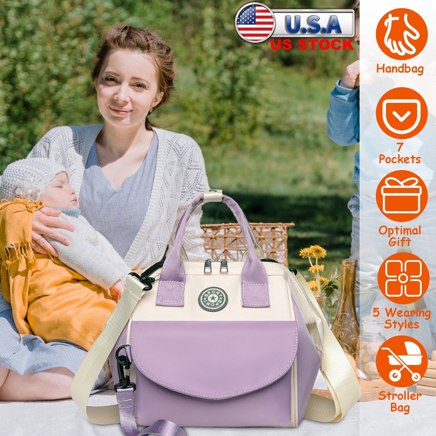 Baby Nappy Diaper Bag with 6 Pockets Burp Cloth Adjustable Shoulder Strap Detachable Small Bag Multifunctional Diaper Changing Bag with 2 Insulated Po