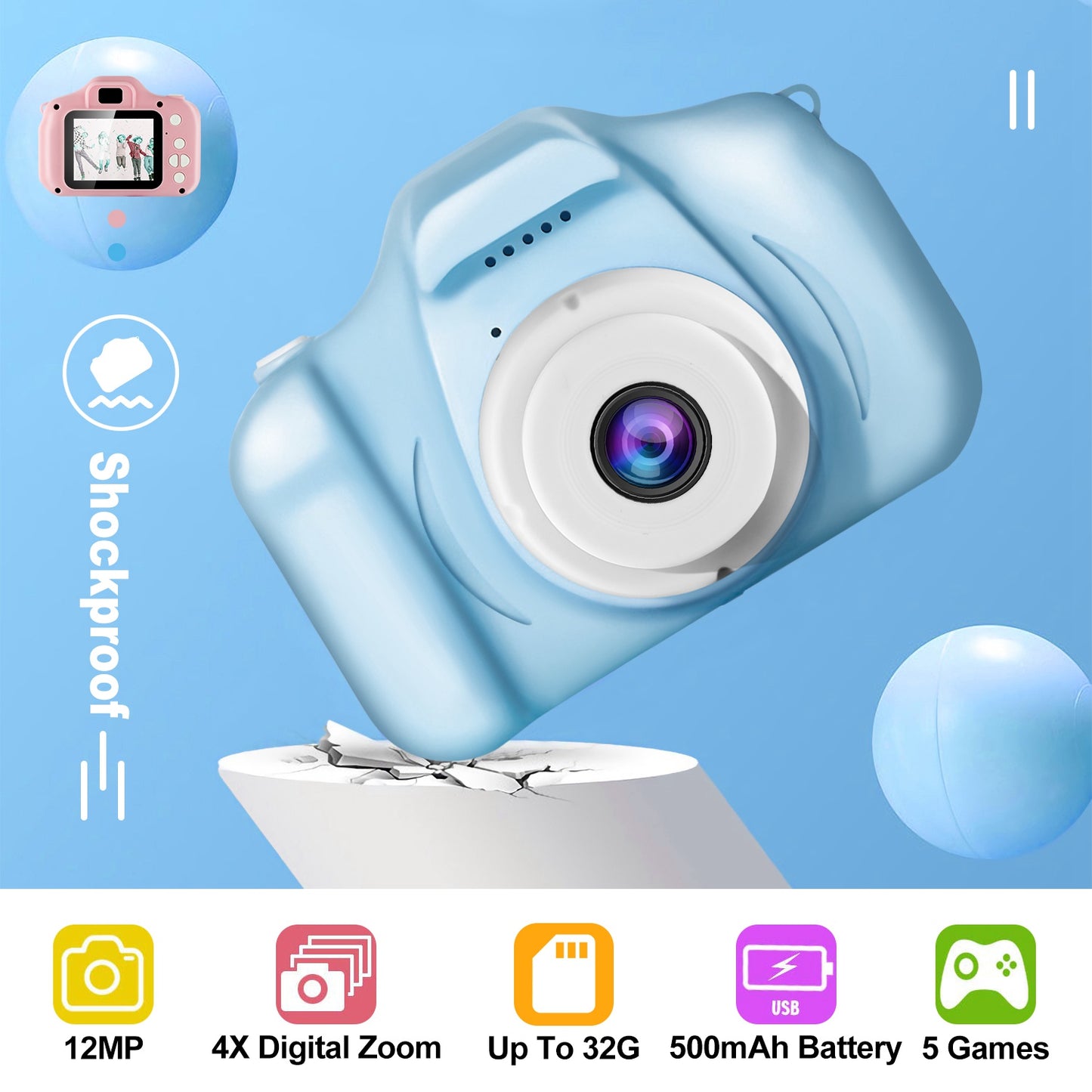 iMounTEK Kids Digital Camera w/ 2.0Ó Screen 12MP 1080P FHD Video Camera 4X Digital Zoom Games 32GB Card Supported Shockproof Child Camcorder for 3-10