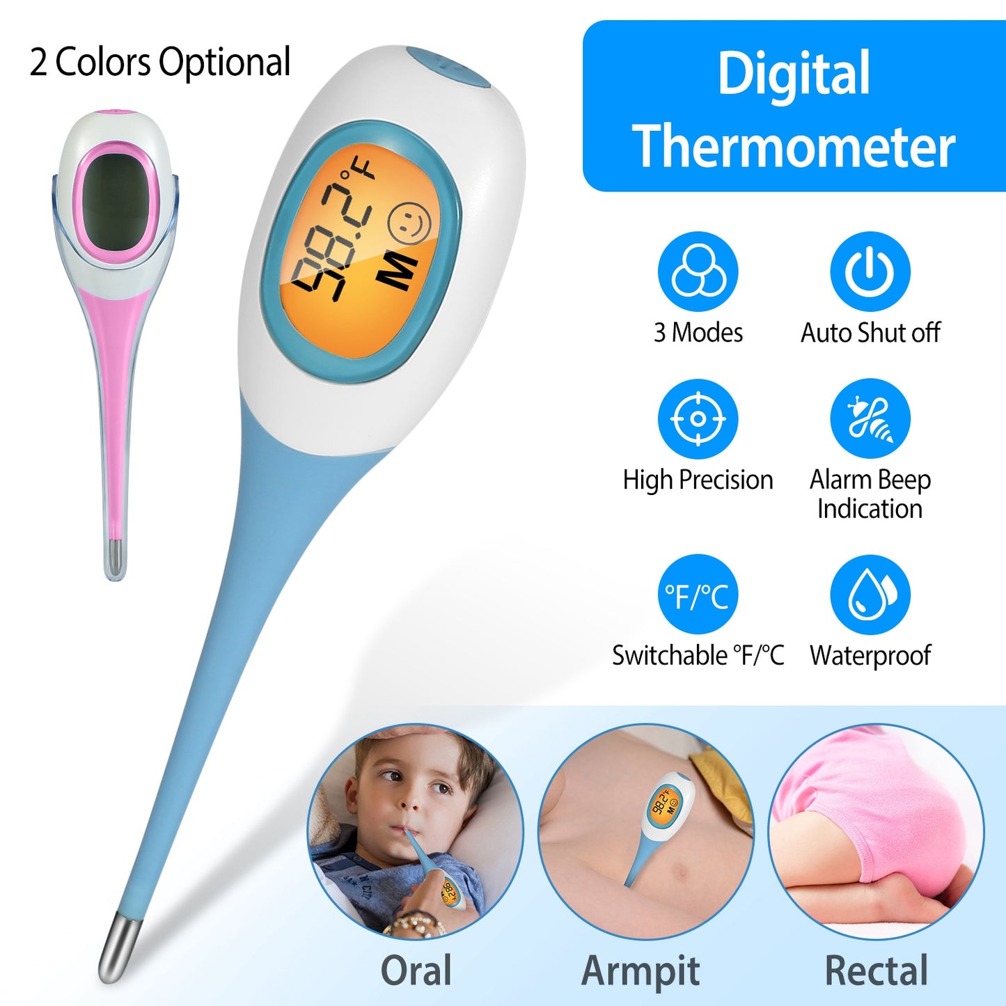 Oral Thermometer Body Thermometer Oral Rectal Underarm Temperature Thermometer C/F Switchable Accurate Fast Temperature Reading Fever Thermometer for