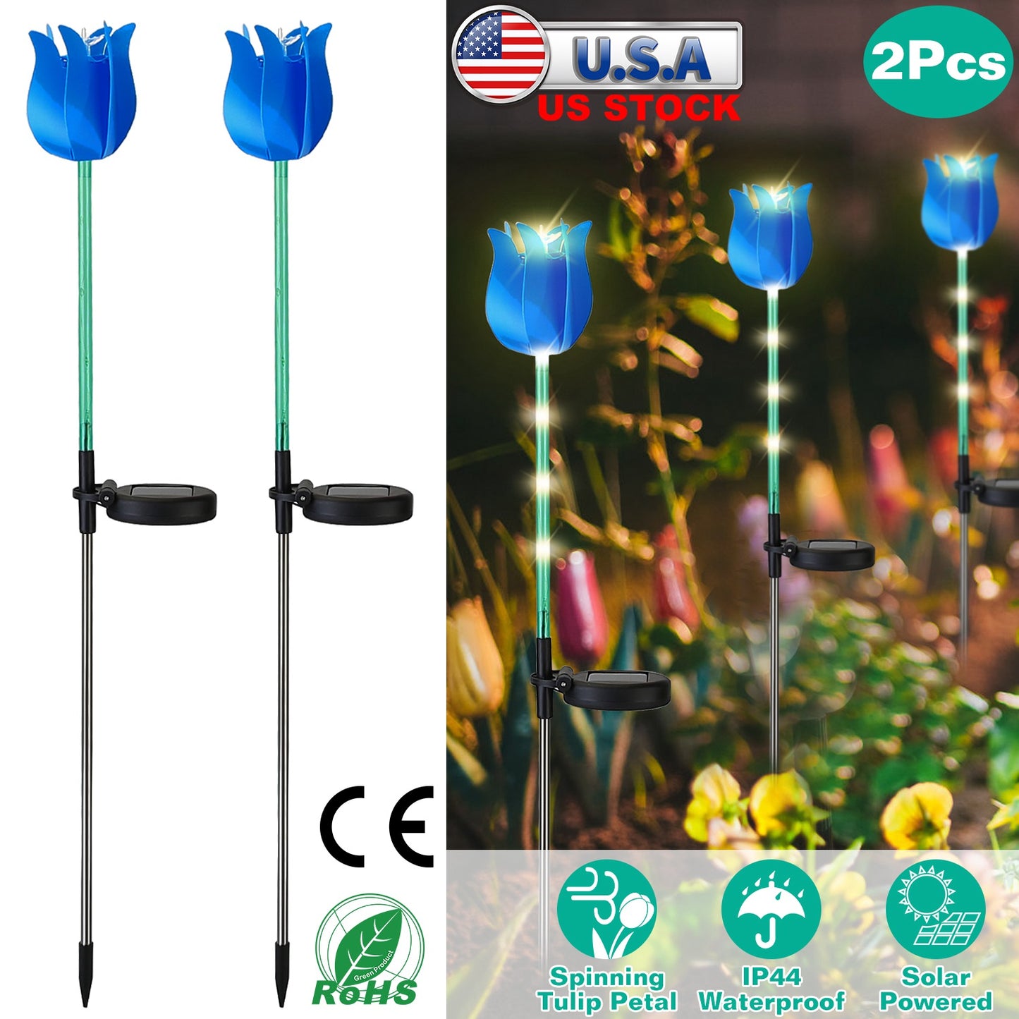 2Pcs Solar Powered Tulip Garden Light Wind Mill Waterproof Landscape Stake Lamp Decorative Lawn Lights For Yard Driveway Walkway Patio