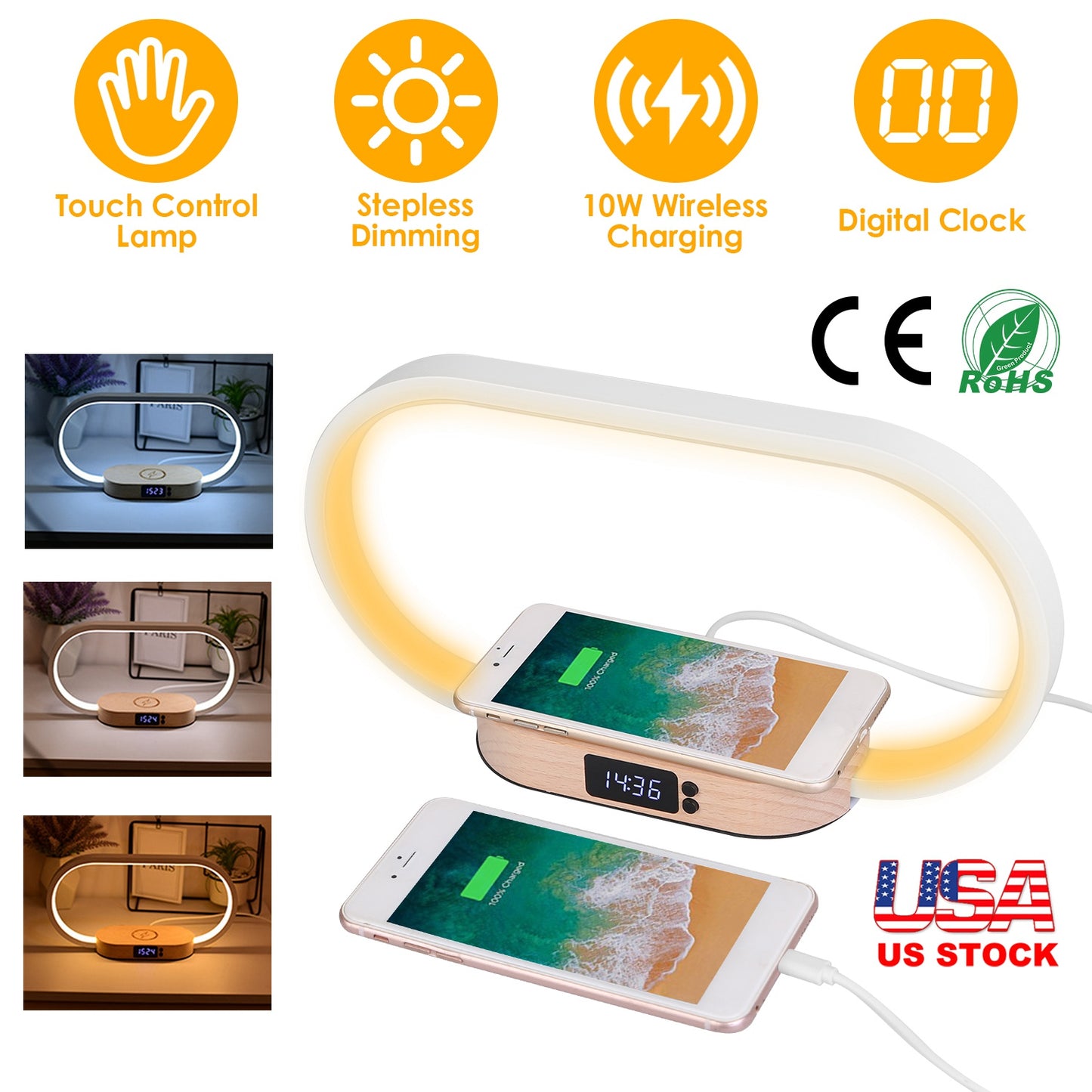 Bedside Table Lamp Touch Control Lamp with Clock Wireless Charging LED Desk Lamp Dimmable Nightstand Reading Lamp