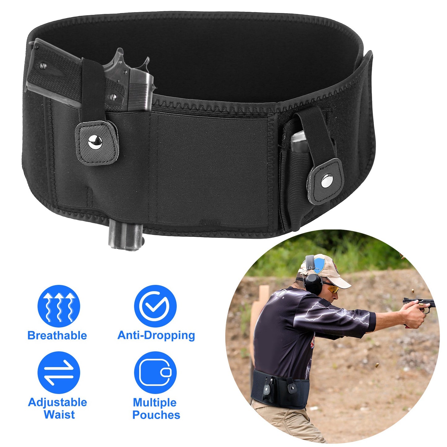 Belly Band Gun Holster Adjustable Waist Carry Tactical Pistol Pouch Breathable Neoprene Gun Belt Bag