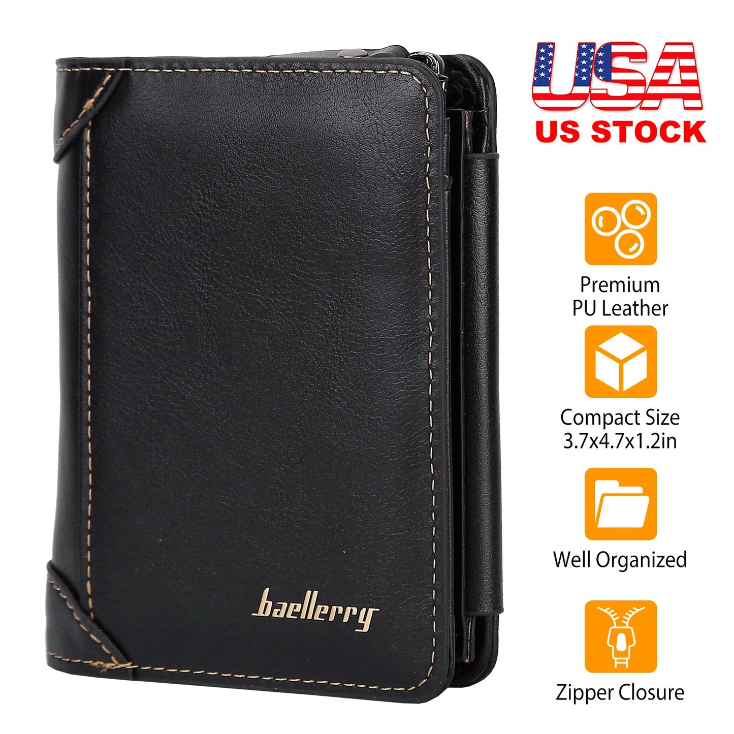 MenÕs Leather Wallet ID Card Holder Purse Trifold Clutch Money Zipper with ID Window14 Credit Card 1 ID Card