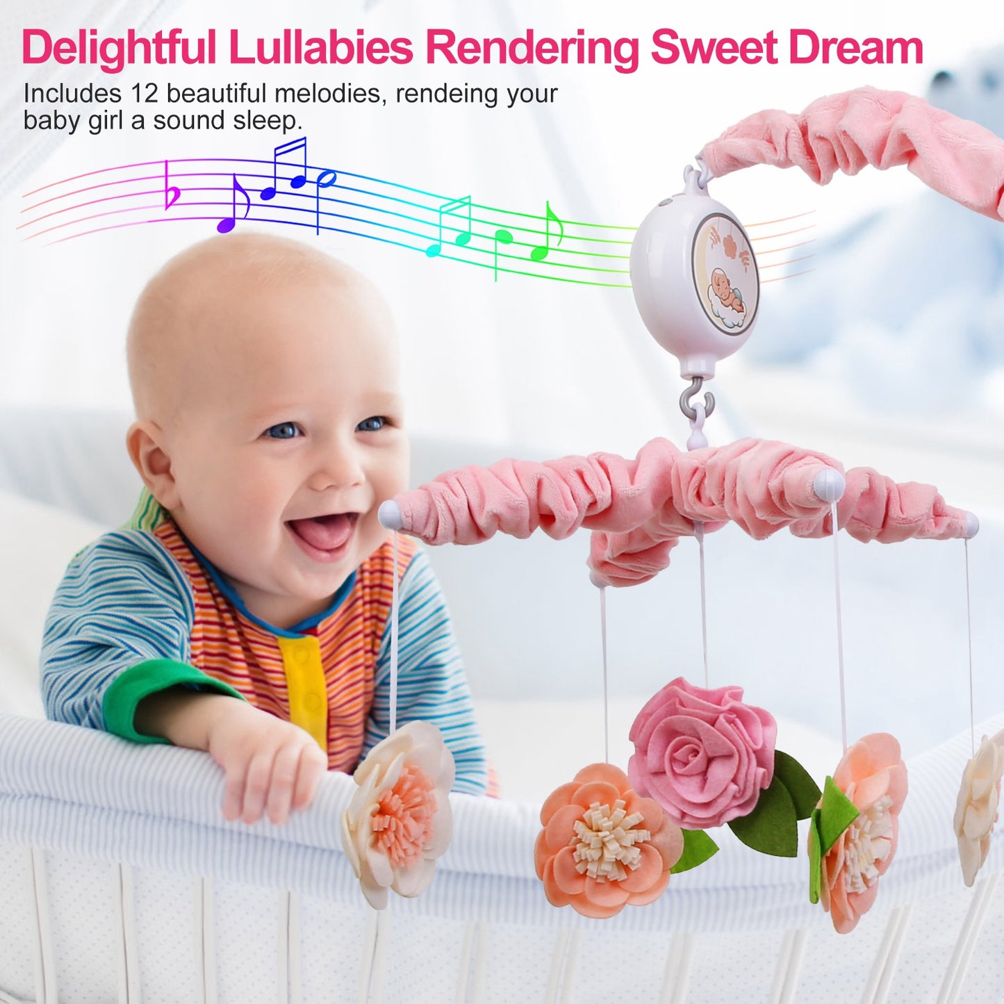 Musical Crib Mobile for Girls Baby Musical Crib Bed Bell Nursery Mobile with 12 Melodies 5 Flower Rattles 3 Modes Volume Adjustment Newborn Gift