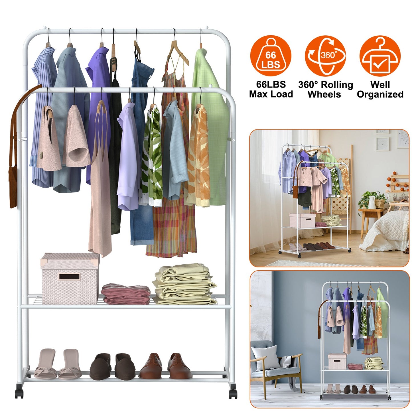 Garment Hanging Rack Clothing Hanging Rail Pillow Shoe Display Organizer Stand Rolling Wheel Clothes Organizer