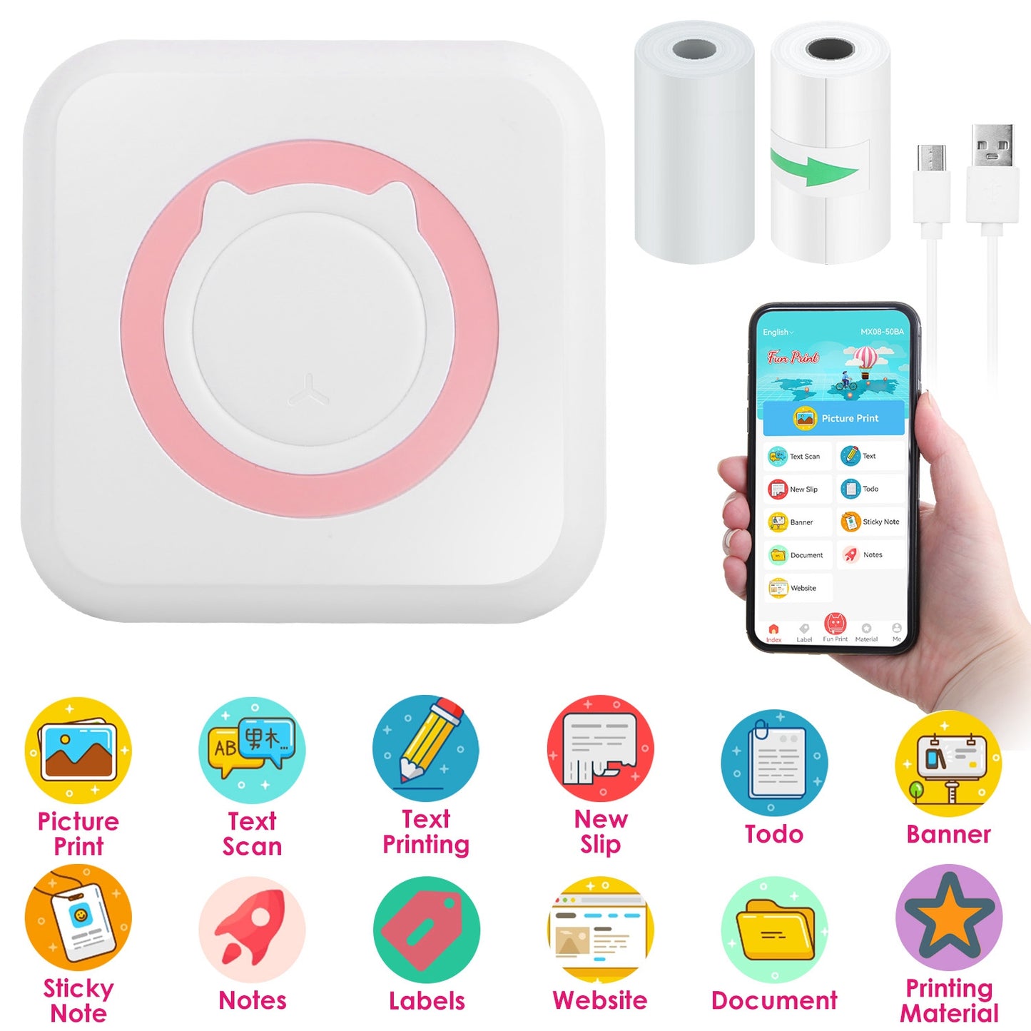 Pocket Wireless Thermal Printer Portable Mini Sticker Maker Machine Rechargeable Inkless Photo PrinterÊfor Printing Label Journal Study Notes Memo Pho