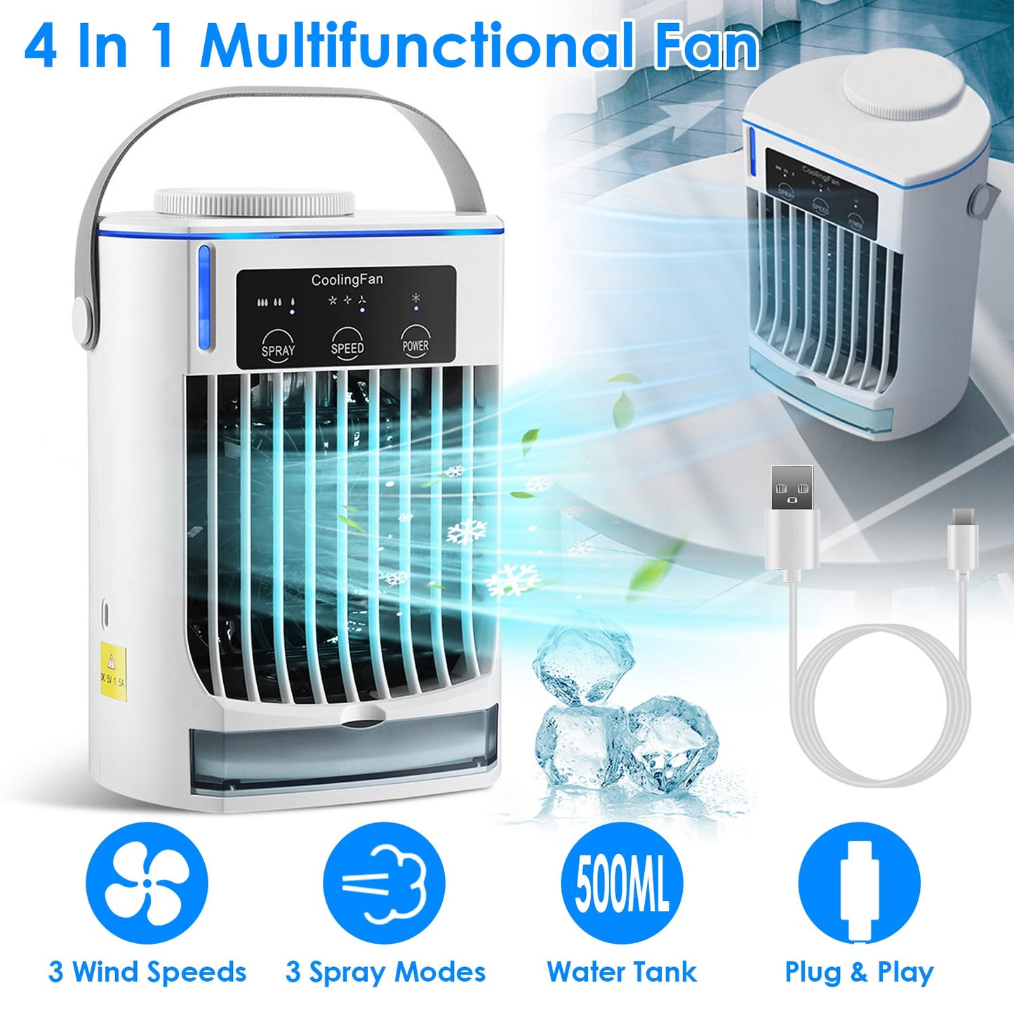Portable Air Conditioner Fan Evaporative Humidifier 3 Speed Spray Personal Cold Mist Air Cooler Desk Table Fan Water Tank Night Light Adjustable Angel