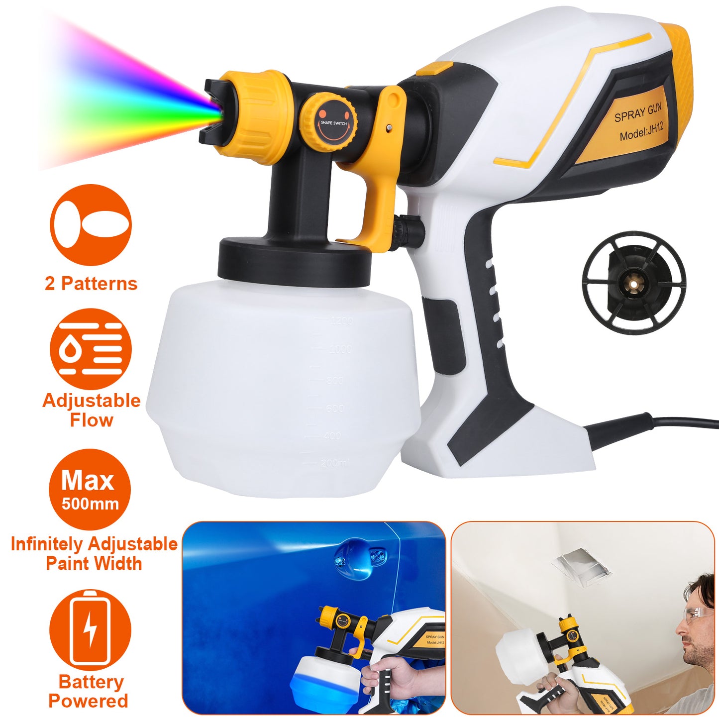 Electric Paint Sprayer HVLP Spray Painting Gun Handheld Painter with Different Spray Patterns 1200ML Detachable Container Flow/Length/Width Adjustable