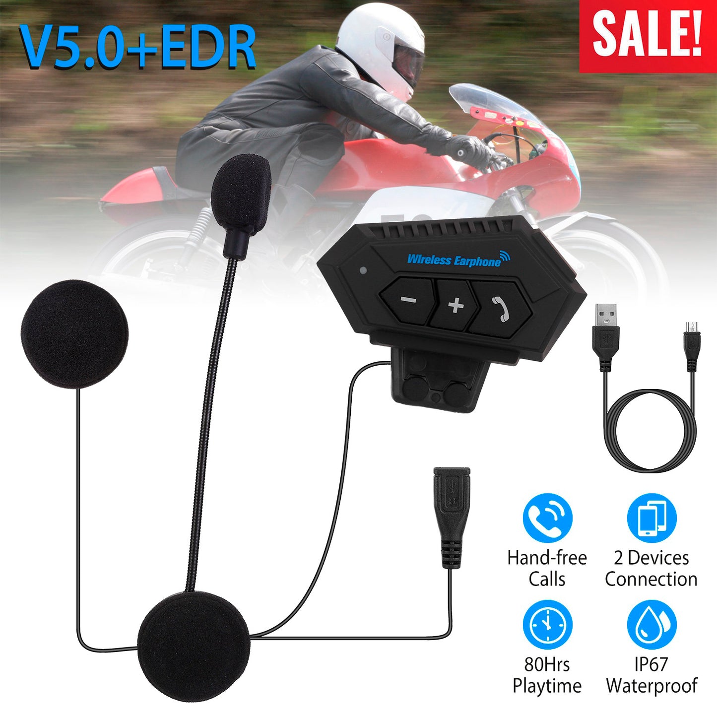 Wireless Headset Speaker Motorcycle Helmet Motorbike Headphone IP67 Waterproof