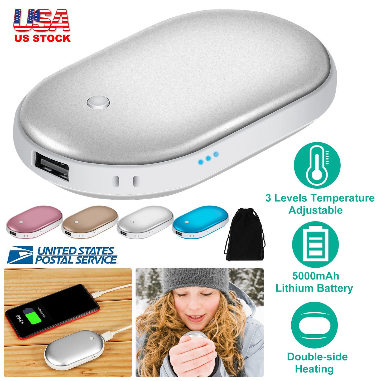 Portable Hand Warmer 5000mAh Power Bank Rechargeable Pocket Warmer Double-Sided Heating Handwarmer