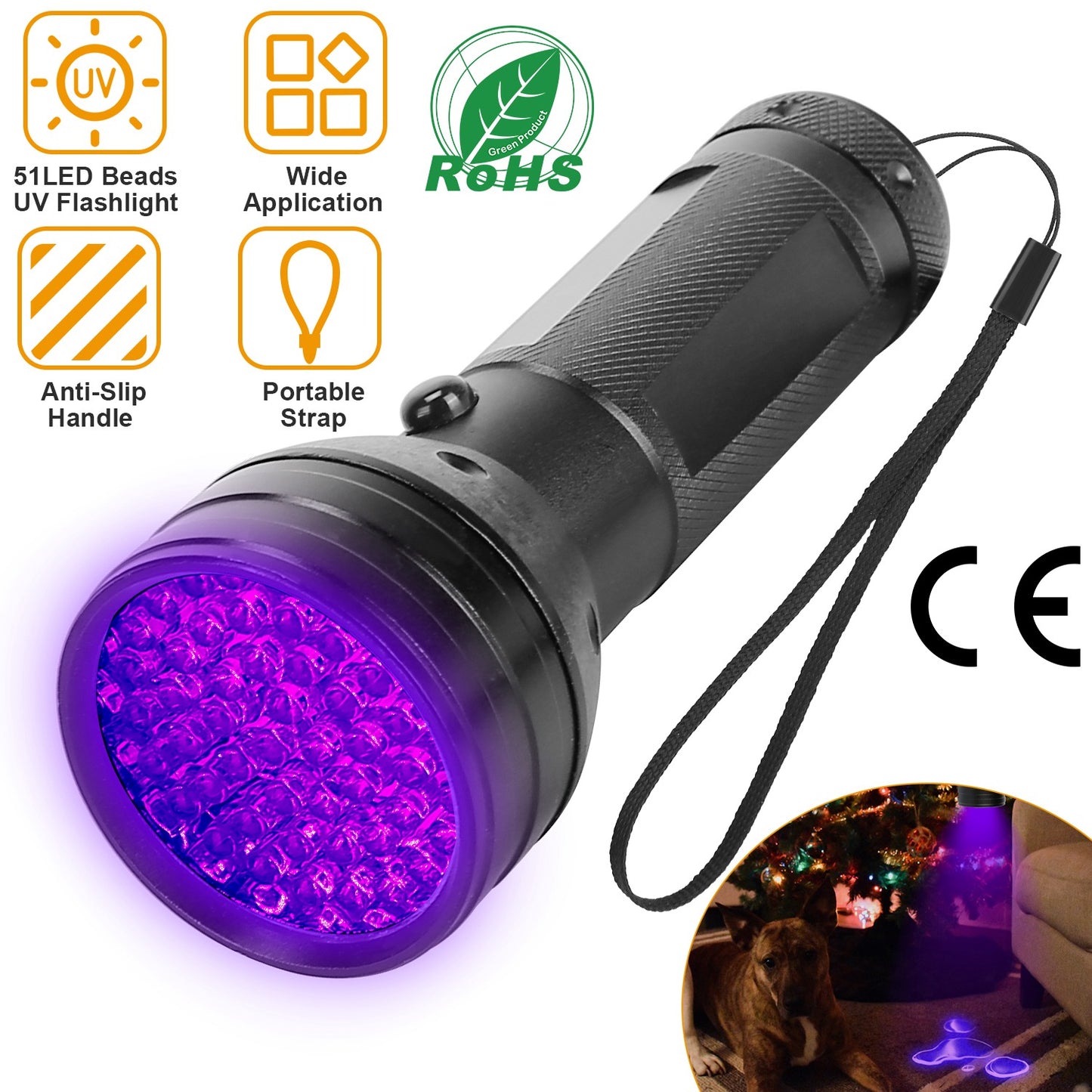 Black Light UV Flashlight 51 LED 395nm Ultraviolet Torch Pet Urine Detector Light For Scorpion Hunting Banknote