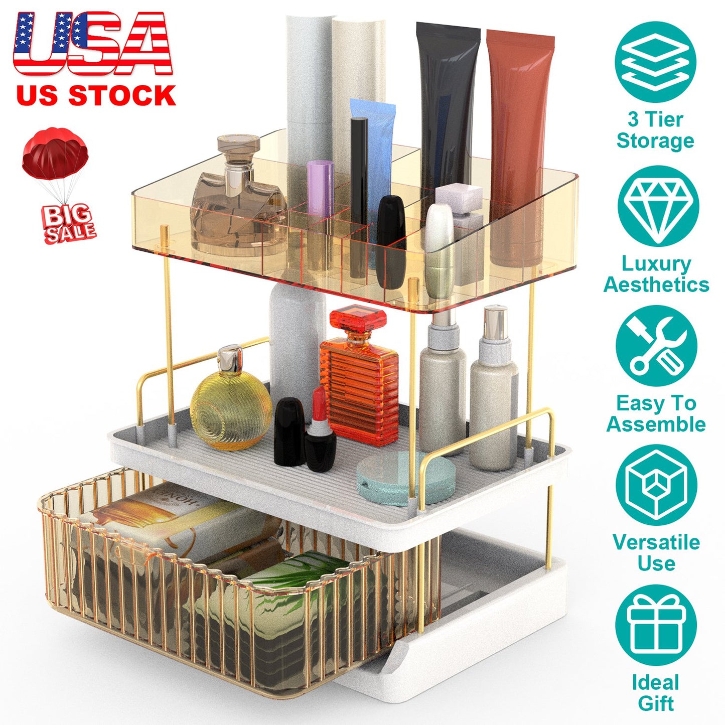 3 Tier Makeup Organizer for Vanity Large Capacity Skincare Shelf Bathroom Countertop Organizer with Drawer for Lipsticks Lotion Toner Perfumer Masks