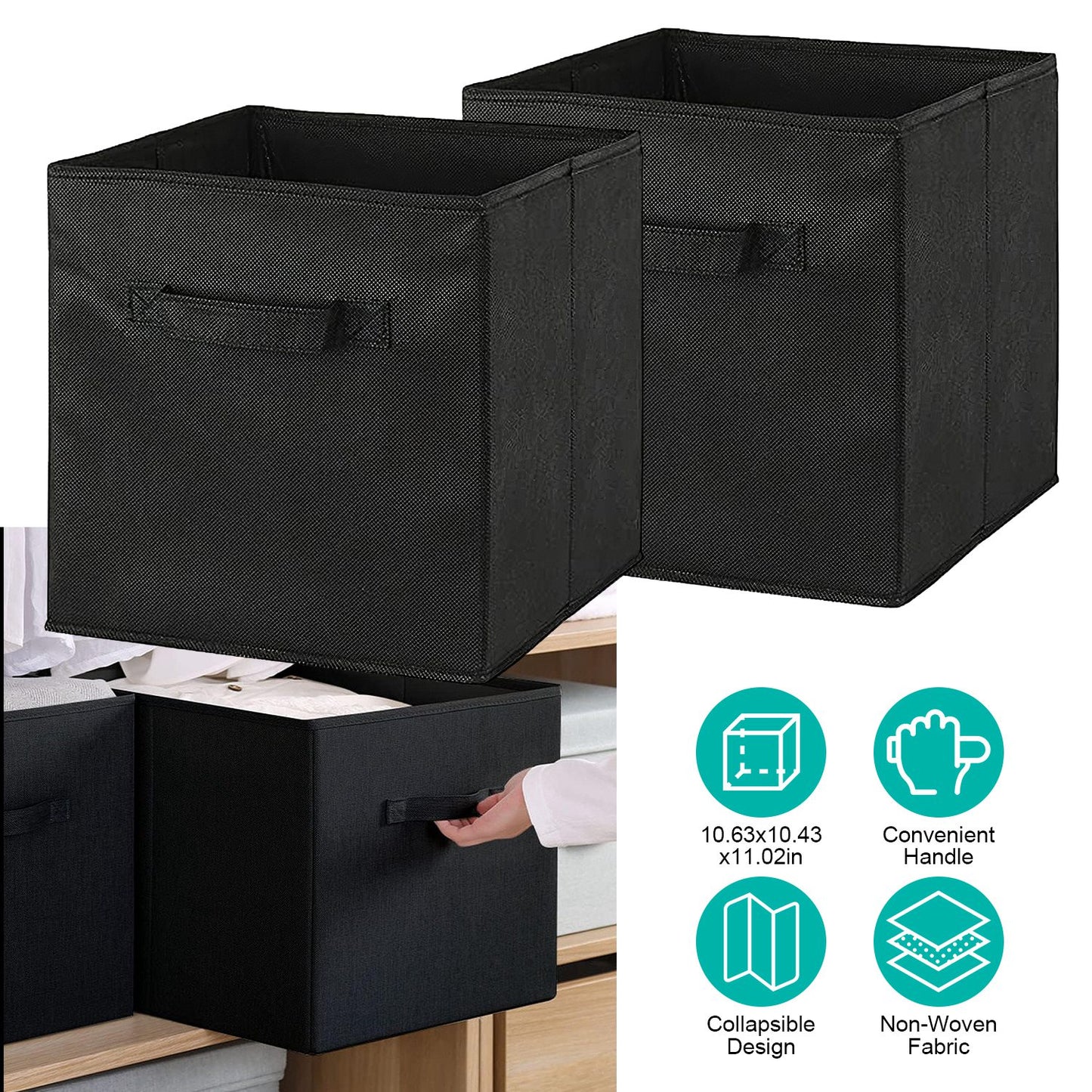 2 Sets Storage Bin Non-Woven Fabric Cube Organizer with Handle Foldable Cube Basket For Shelves Closet Living Room Bedroom Black