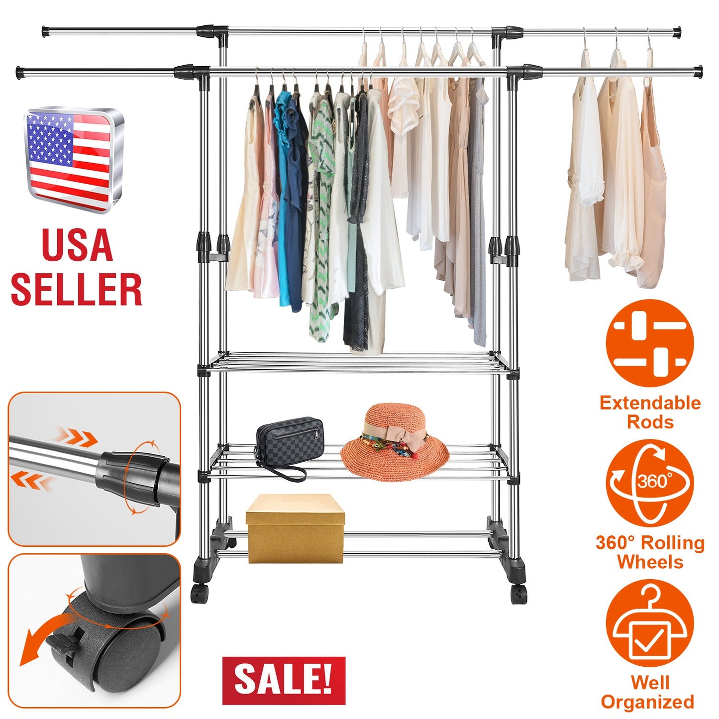 Extendable Garment Hanging Rack Clothing Hanging Rail Pillow Shoe Display Organizer w/ Rolling Wheels Hold up to 77LBS