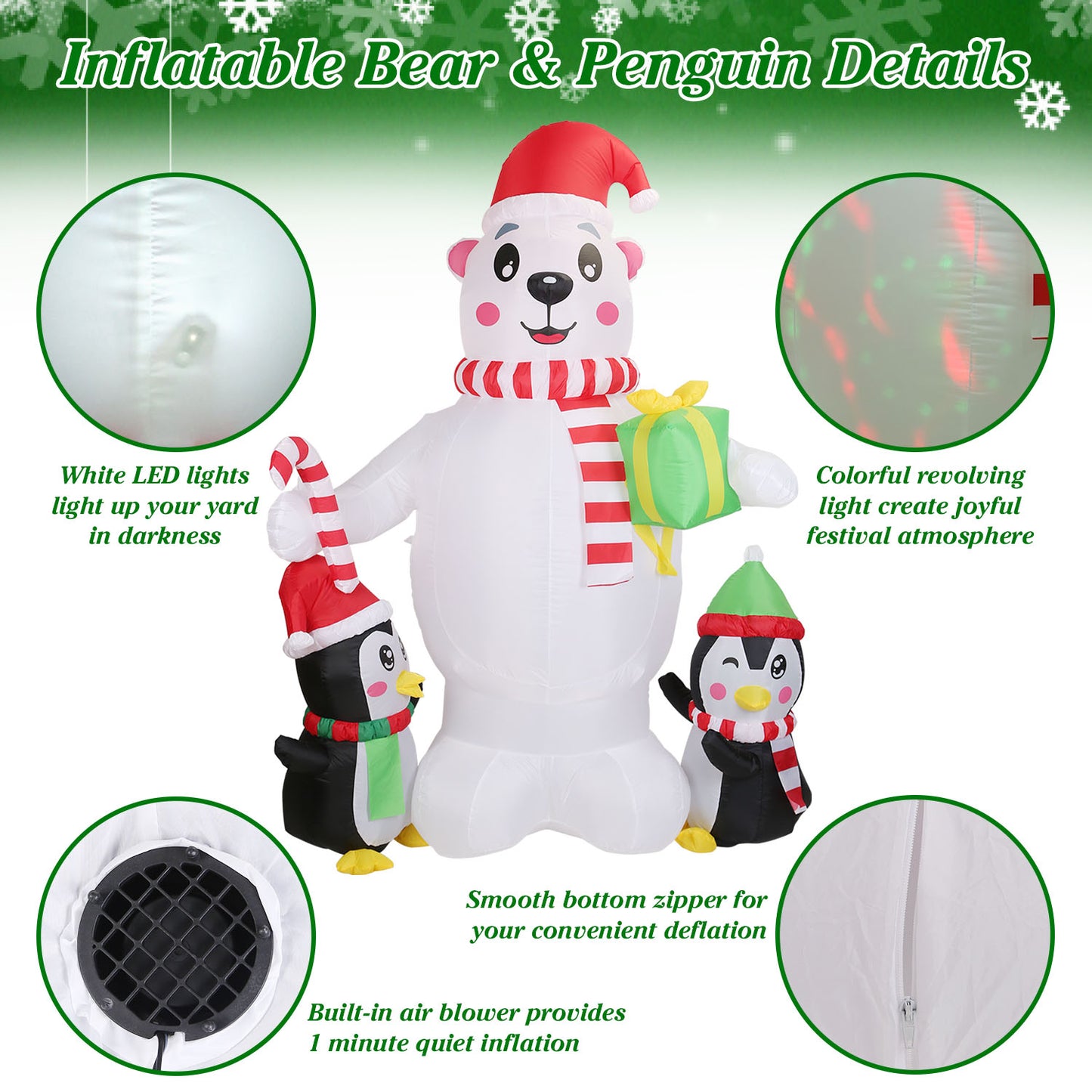 5.9FT Christmas Inflatable Outdoor Decoration Polar Bear Gift Box Penguin Blow Up Yard Decoration with LED Light Built-in Air Blower for Winter Holida