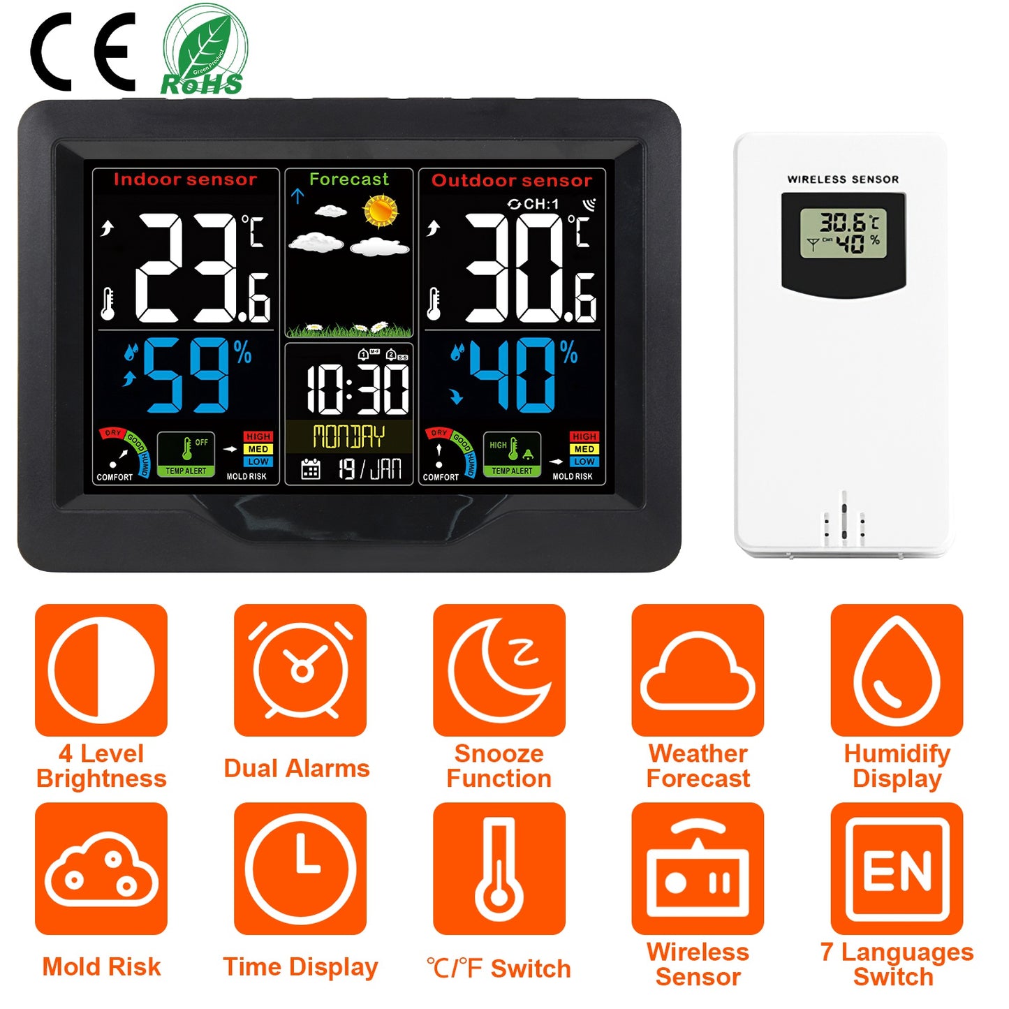 Electric Weather Station Snooze Alarm Clock Wireless Sensor Indoor Outdoor Thermometer Humidity Weather Forecast Temperature Frost Alert with Backligh