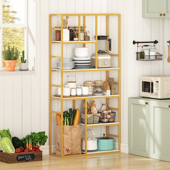 71 Inch Tall Bookshelf Metal Frame 5-Tier Geometric Bookcase-White & Golden