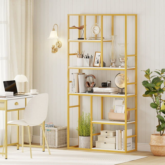 71 Inch Tall Bookshelf Metal Frame 5-Tier Geometric Bookcase-White & Golden