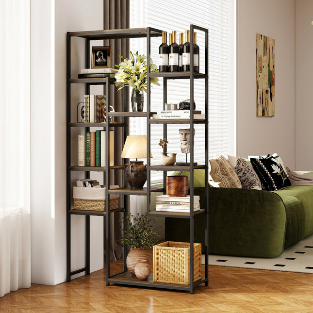 71 Inch Tall Vintage Geometric Bookshelf 12 Open Shelves-Walnut