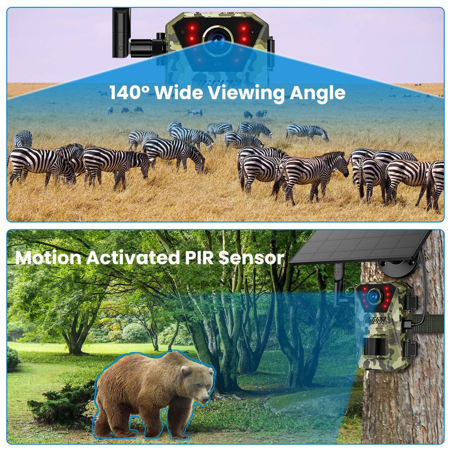 4G 4K 30FPS Solar Trail Camera Outdoor Wildlife Camera Motion Activated IP66 Waterproof with 140¼Viewing Angle No Glow Night Vision SIM Card APP Contr