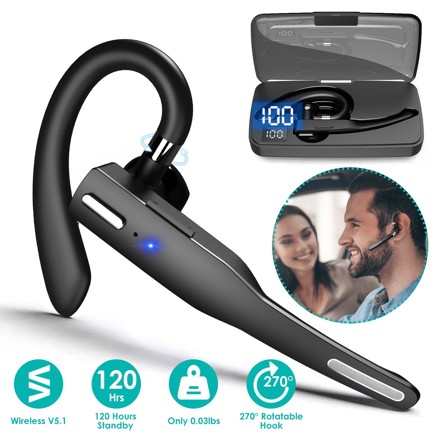 Unilateral Wireless V5.1 Business Earpiece with Charging Case Rechargeable Wireless in-Ear Headset with Hook for Car Driving Phone Call Office