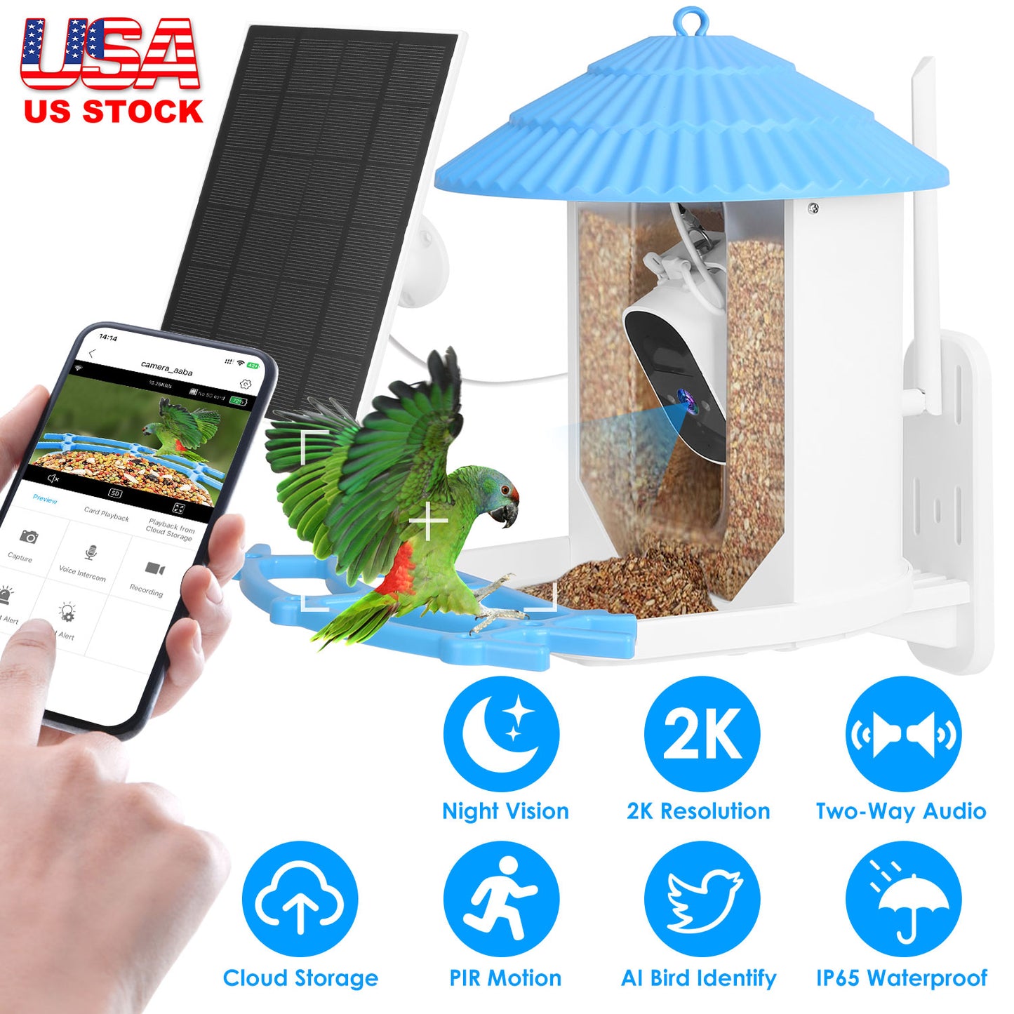 Solar Powered Smart Bird Feeder 2K Bird Watching Camera With PIR Motion AI Birds Species Identify Two-Way Audio Real-Time App Notification Capture Vid